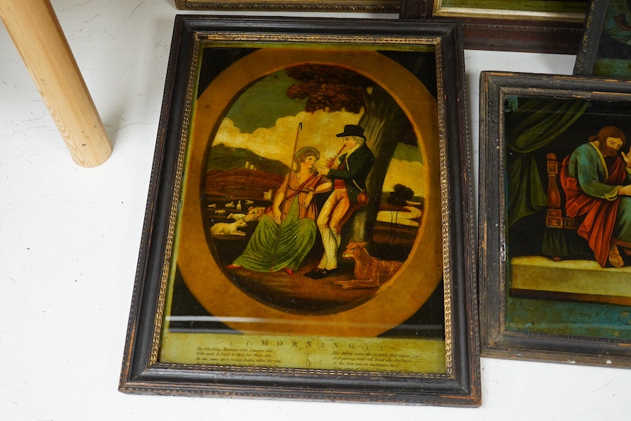 Five early 19th century reverse glass painted prints to include: Venus Goddess of Love, painted by W.B. Walker, Smithfield, Autumn, Winter, published May 28th 1807 by Hinton and Nathan reproving David, published February